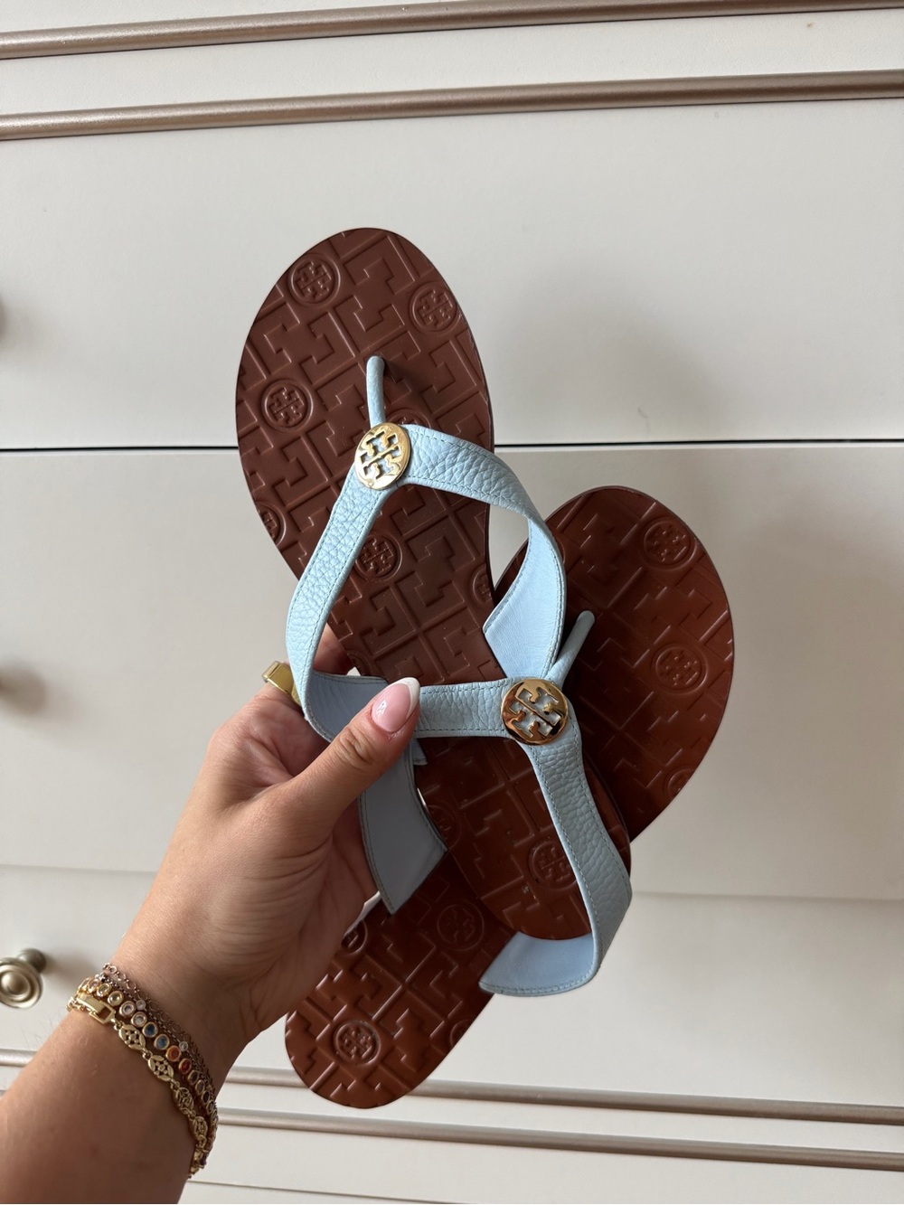 Tory Burch Light Blue Leather Logo Thong Sandals